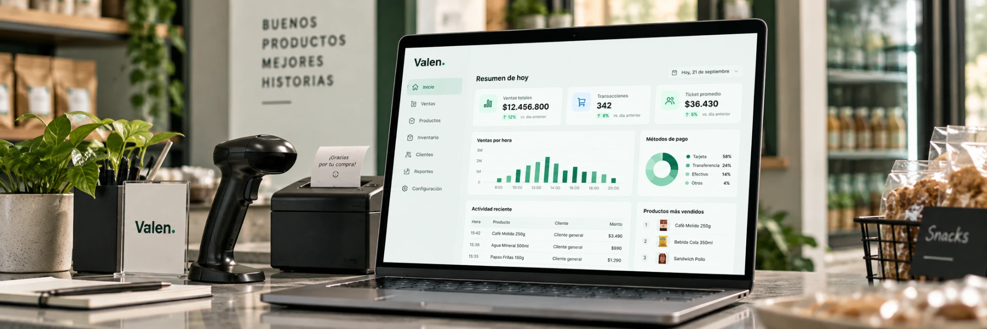 Notebook con el resumen del día de Valen junto a un scanner y una impresora de etiquetas, en el mesón de un negocio en operación
