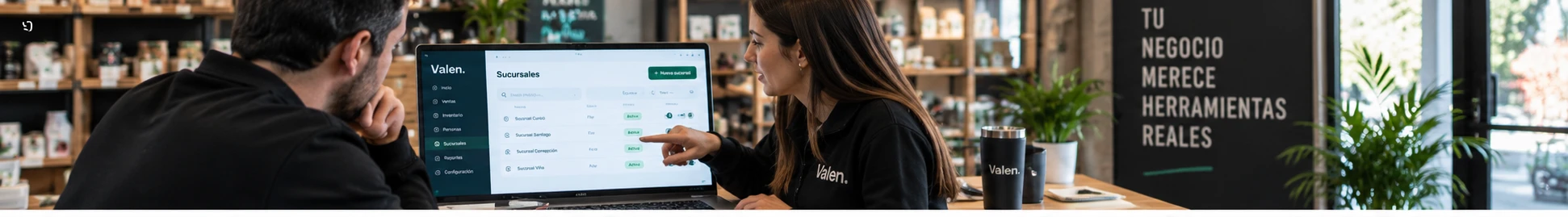 Integrante de Valen explicando el panel de Sucursales a un dueño de negocio sobre un notebook